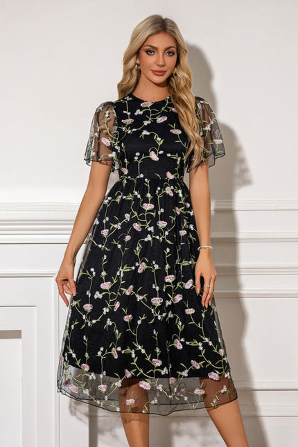 Robe Midi Florale En Tulle Noir - gallery 3