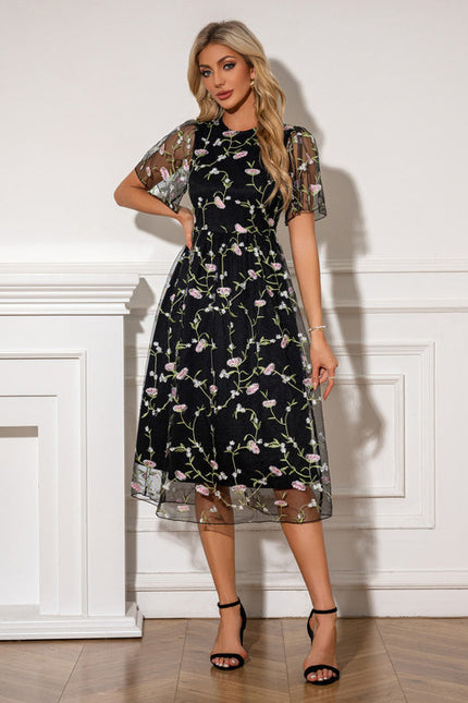 Robe Midi Florale En Tulle Noir - gallery 6