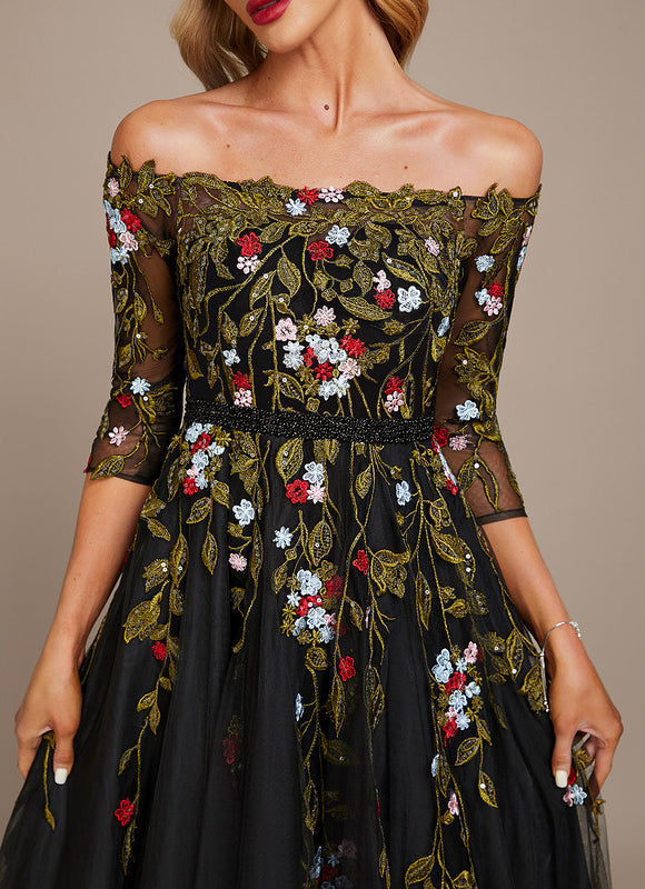 Robe De Soirée Florale Élégante Noire - gallery 3
