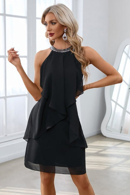 Robe Noire Chic À Volants Pailletés