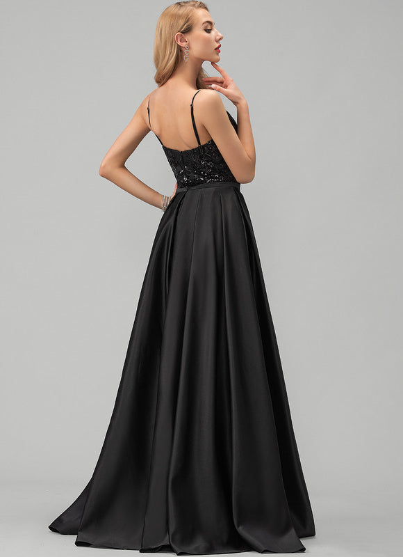 Robe Noire Luxe Satinée À Traîne - gallery 4