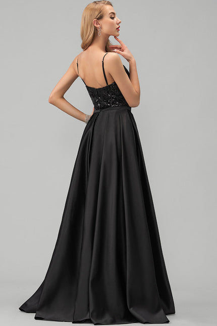 Robe Noire Luxe Satinée À Traîne - gallery 4