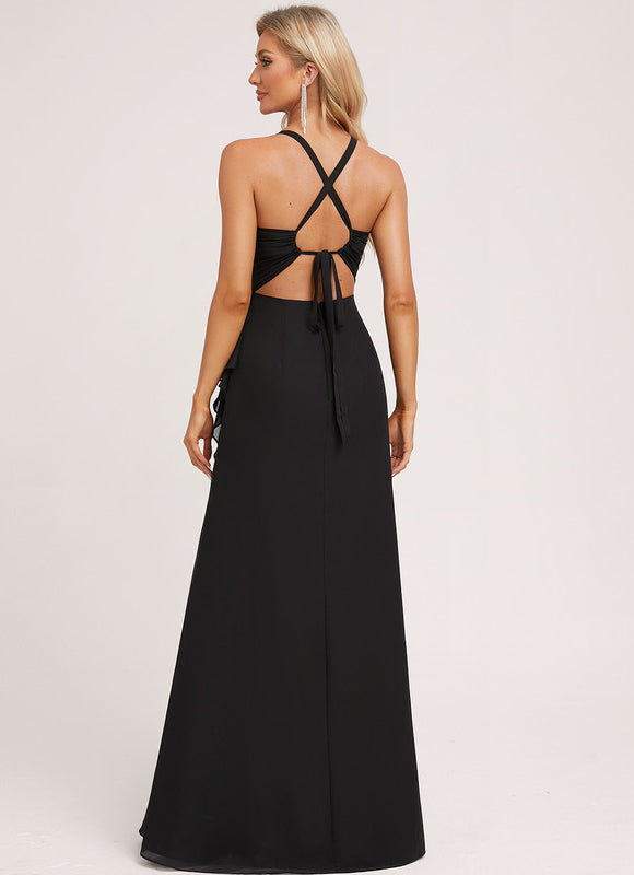 Robe Noire Élégante Fendue Chic - gallery 1