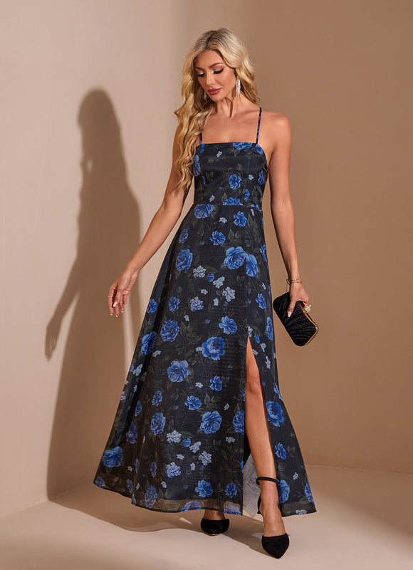 Robe Maxi Chic À Fleurs Bleues